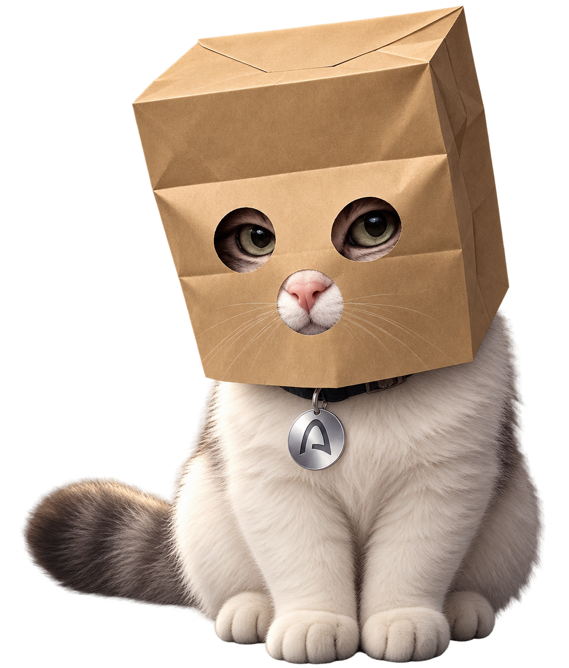 Anonymous Cat, a white cat wearing a brown paper-bag disguise with eye holes, sitting with an Arc tag on its collar